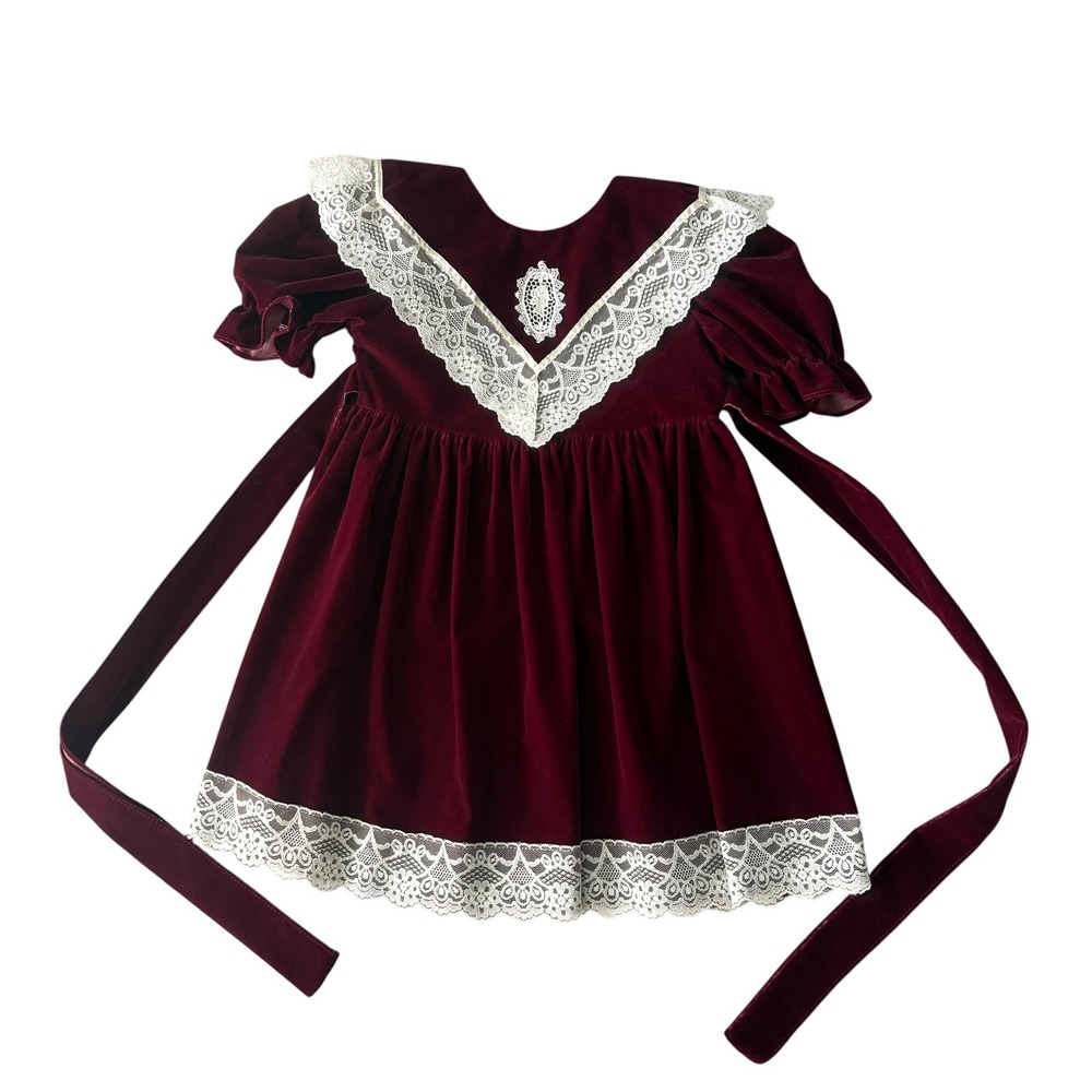 Jo Lene Vintage Girls Burgundy Velvet Christmas Dress Lace Trim Size 6 USA Made